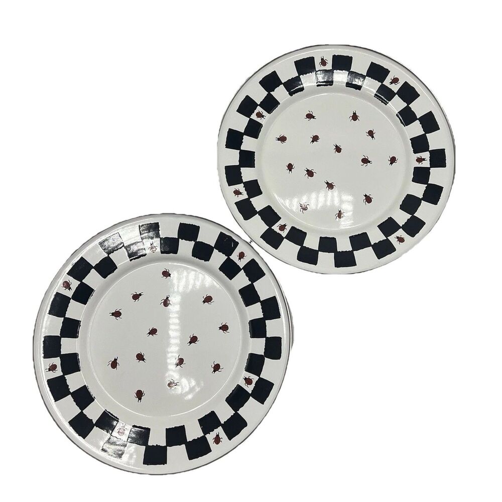 Golden Rabbit II 1999 Ladybug Plates Checkered Enamelware Jean Wilkes Set of 2